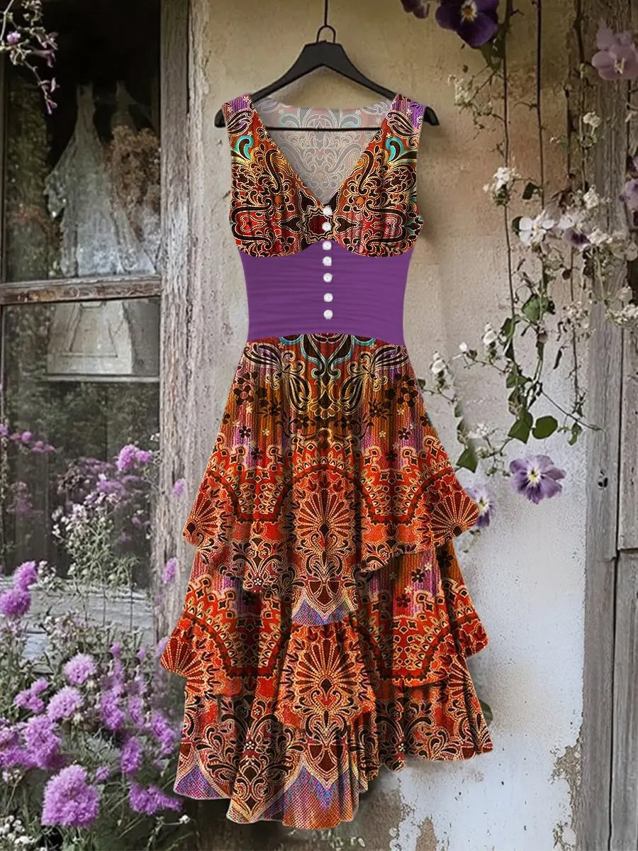 Retro Floral Art Print Vintage V-Neck Button Up Midi Dress